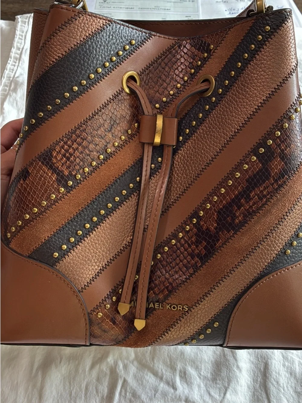 Michael Kors Brown and Dark Brown Mixed-Texture Drawstring Bucket Bag